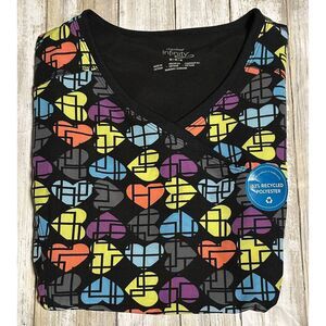 NWT Cherokee Mock Wrap Scrub Top Black Hearts‎ Size Medium. CK608 Love-u Mod-ly
